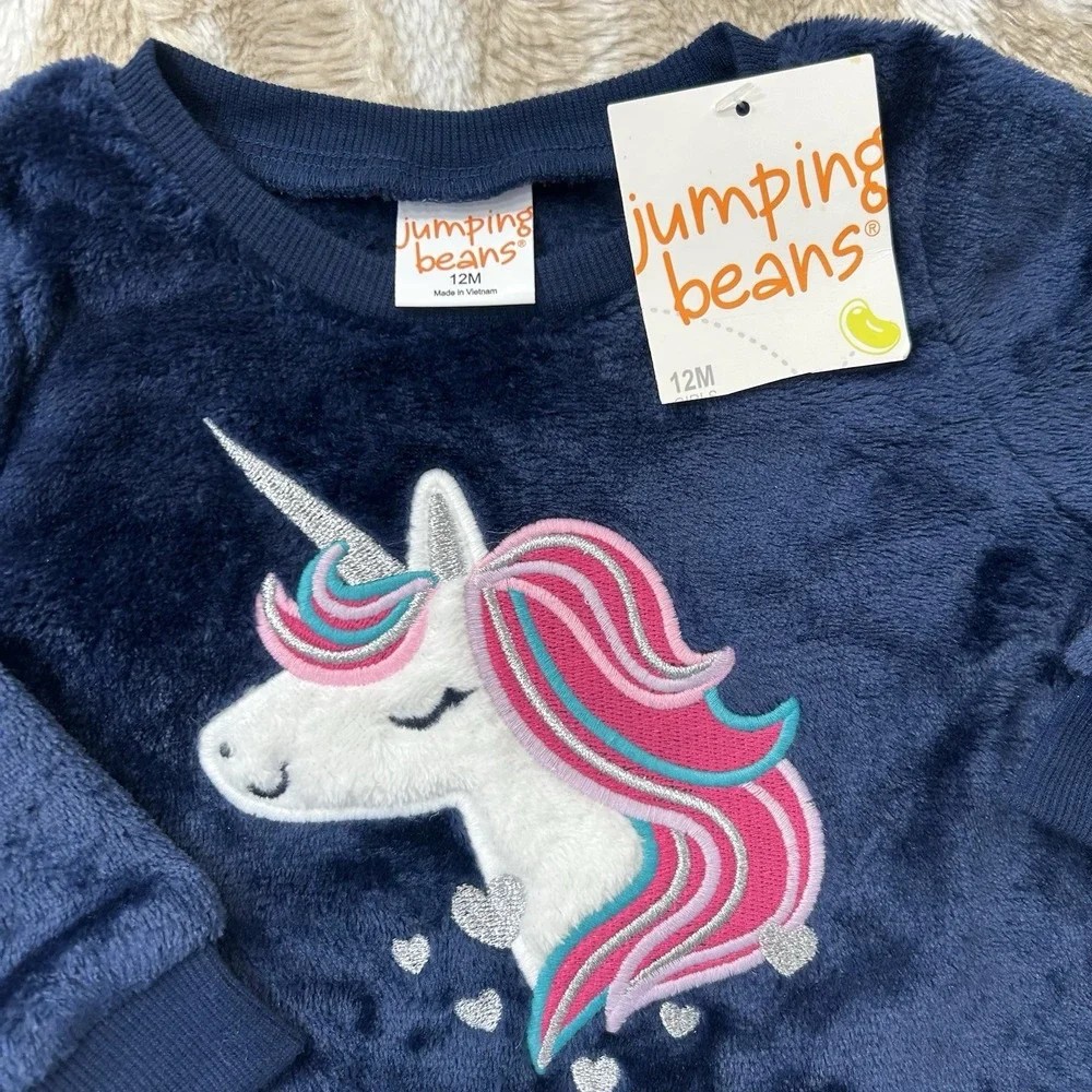 Jumping Beans Girls 12M Navy Blue Faux Fur‎ Unicorn Sweatshirt NWT